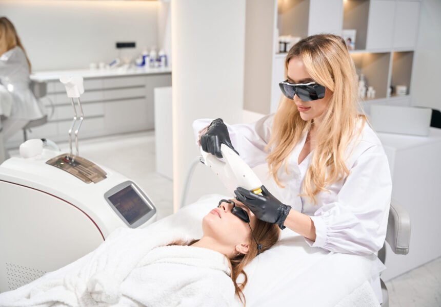 Female beautician doing laser depilation with laser hair removal machine of forehead of young woman in blurred beauty salon. Concept of face skin care